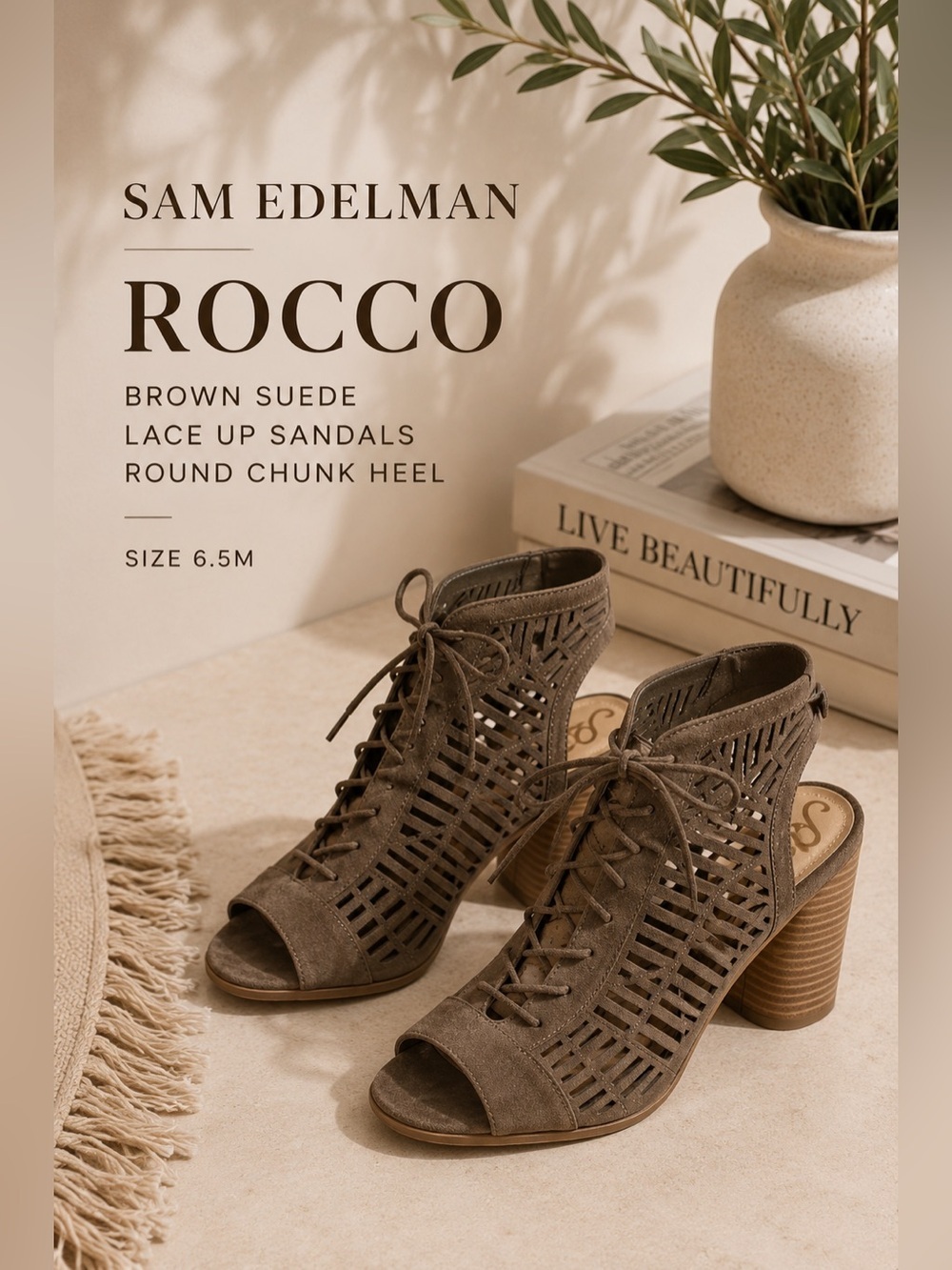 Sam Edelman Rocco Brown Suede Laser Cut Lace Up Sandals Size 6.5M